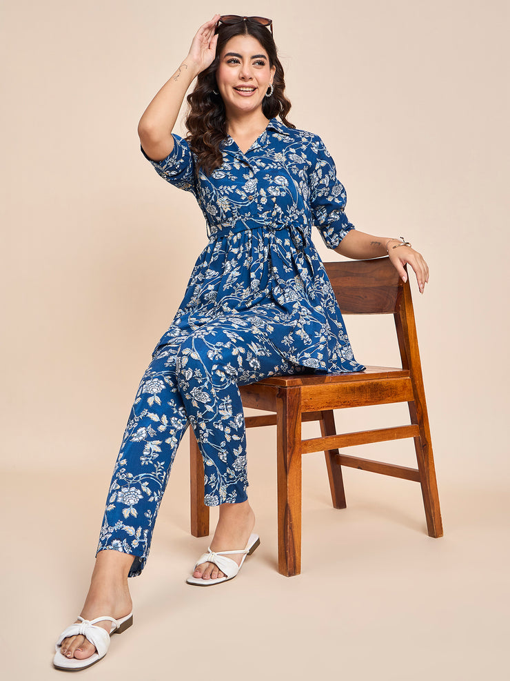 Stylish Women's Blue Cotton Co-ord Set