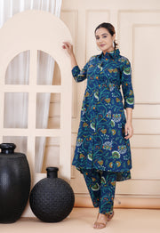 Women's Blue Cotton Printed Coord Set