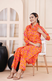 Women's Orange Cotton Printed Coord Set