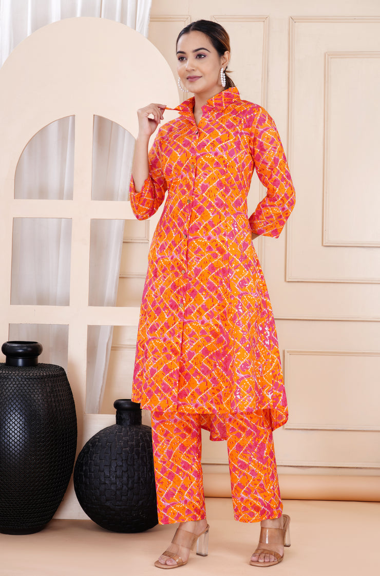 Women's Orange Cotton Printed Coord Set