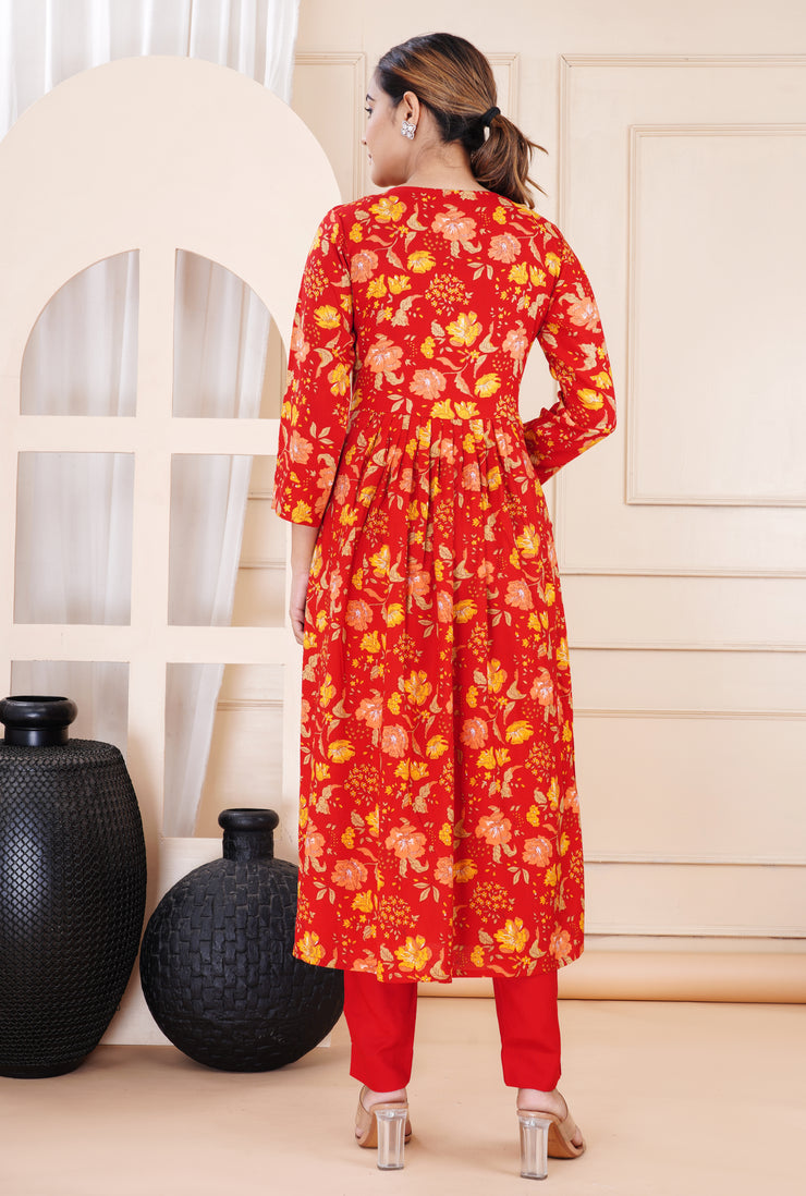 Women's Red Cotton Printed Kurta with Pant