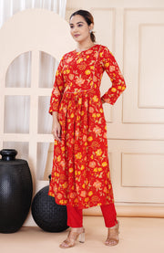 Women's Red Cotton Printed Kurta with Pant