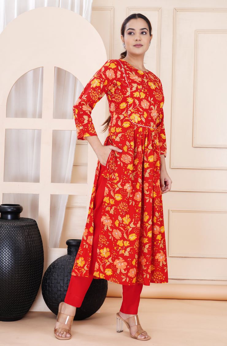 Women's Red Cotton Printed Kurta with Pant