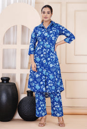 Women's Blue Cotton Printed Coord Set