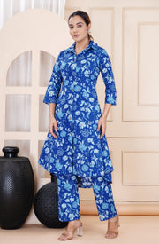 Women's Blue Cotton Printed Coord Set