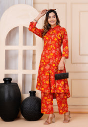 Women's Red Cotton Printed Coord Set