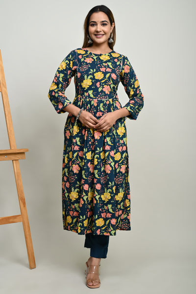 Women's Green Cotton Printed Kurta with Pant