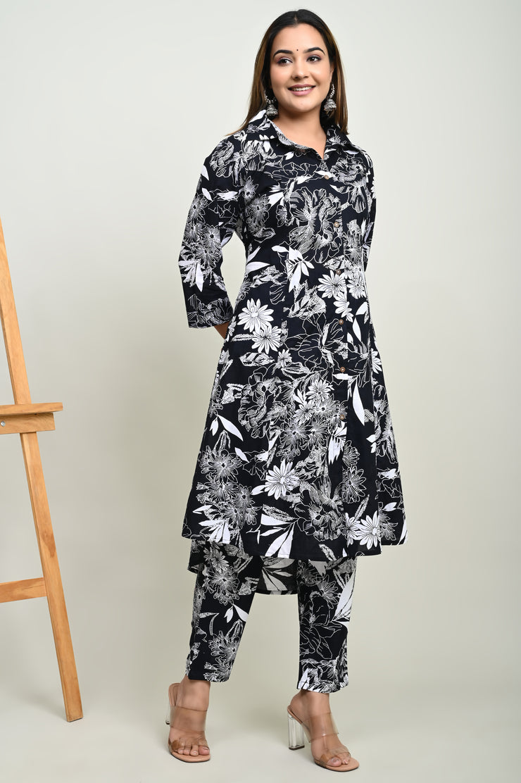 Women's Black Cotton Printed Coord Set