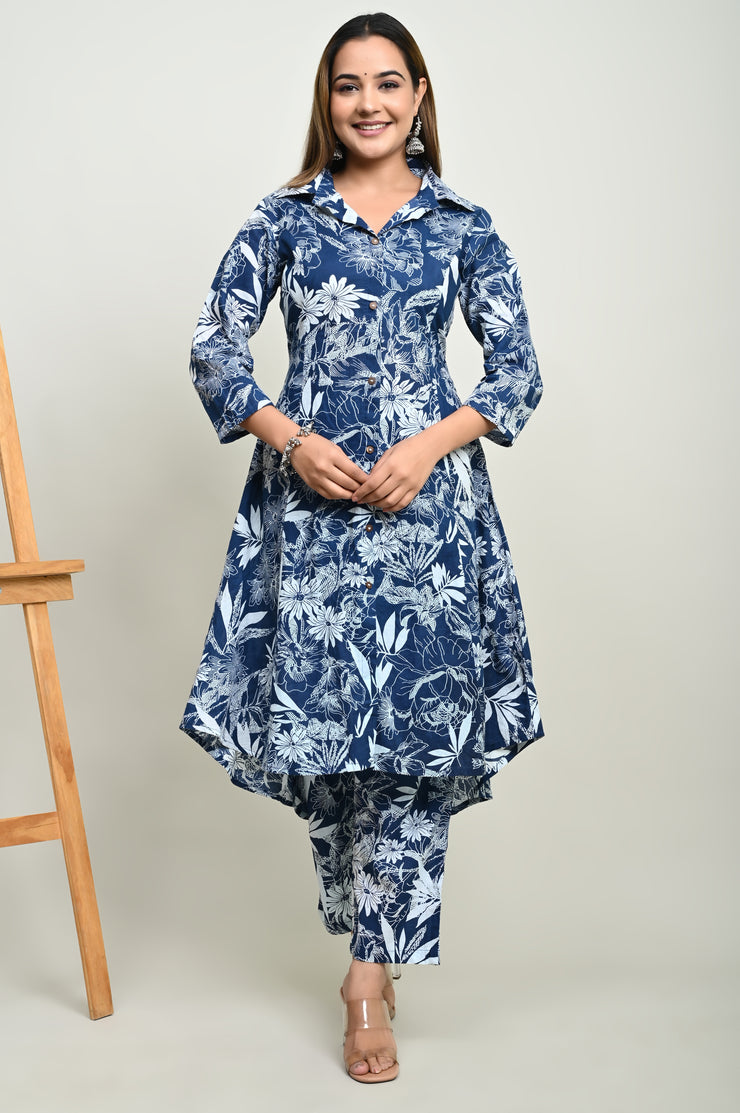 Women's Blue Cotton Floral Printed Coord Set