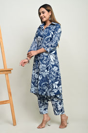 Women's Blue Cotton Floral Printed Coord Set