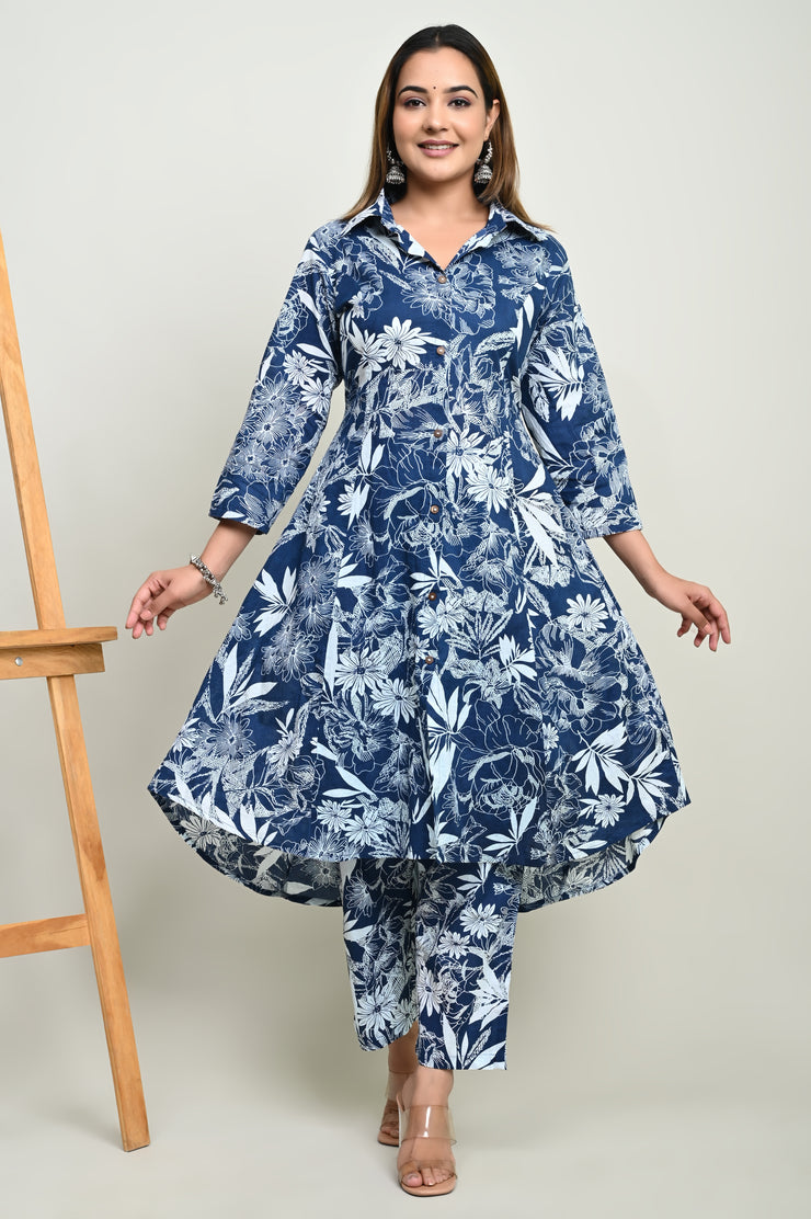 Women's Blue Cotton Floral Printed Coord Set