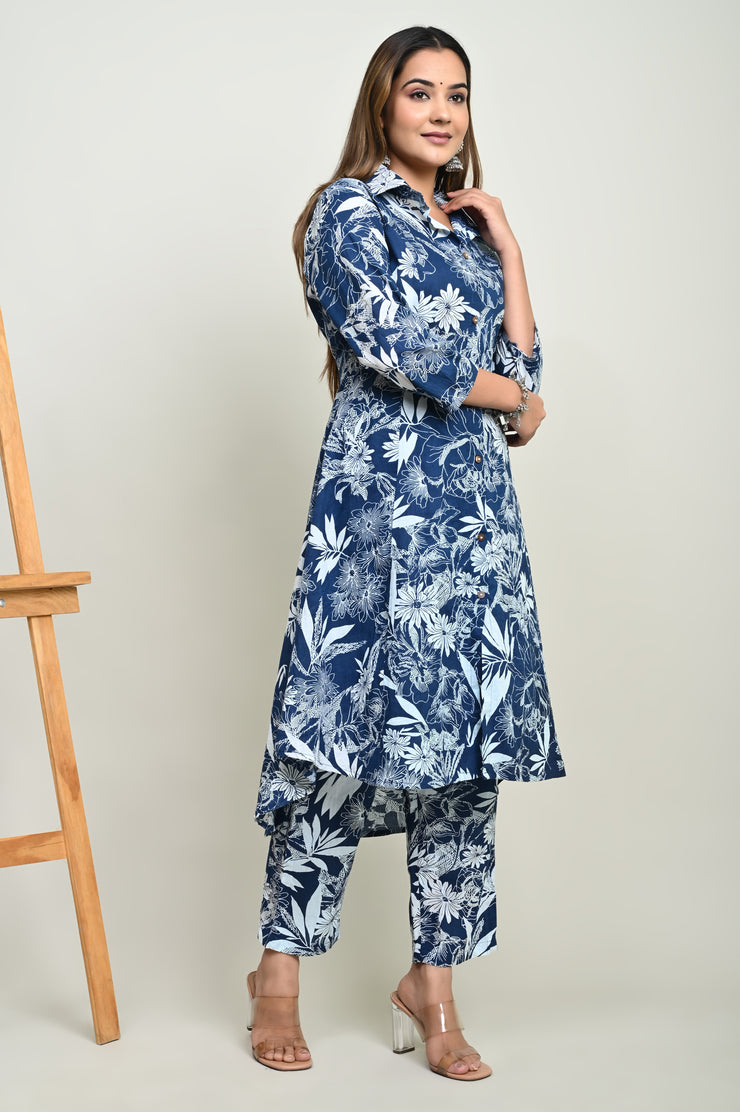 Women's Blue Cotton Floral Printed Coord Set