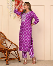 Women's Heavy Purple Embroidery Beautiful Straight Kurti with Pant