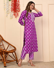 Women's Heavy Purple Embroidery Beautiful Straight Kurti with Pant