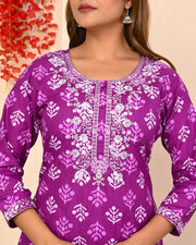 Women's Heavy Purple Embroidery Beautiful Straight Kurti with Pant