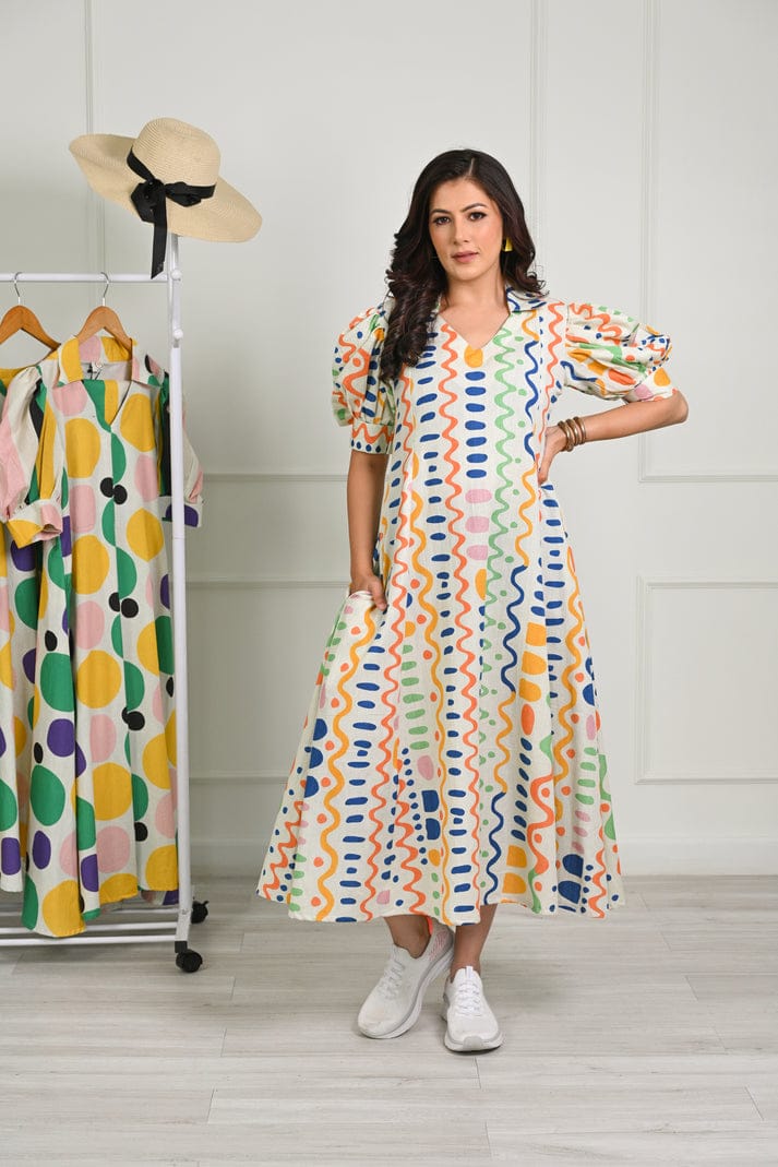 Multicolor Quirky Prints cotton Midi Dress