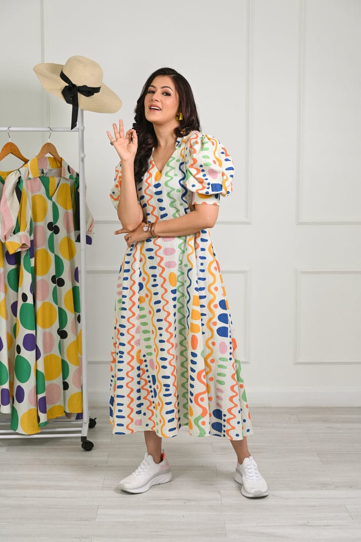 Multicolor Quirky Prints cotton Midi Dress