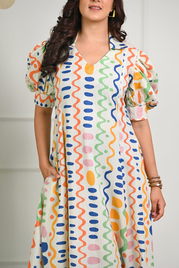 Multicolor Quirky Prints cotton Midi Dress